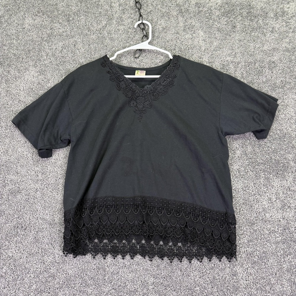Vintage Cactus California Shirt Womens Large Black Crochet Lace Hem 90s USA